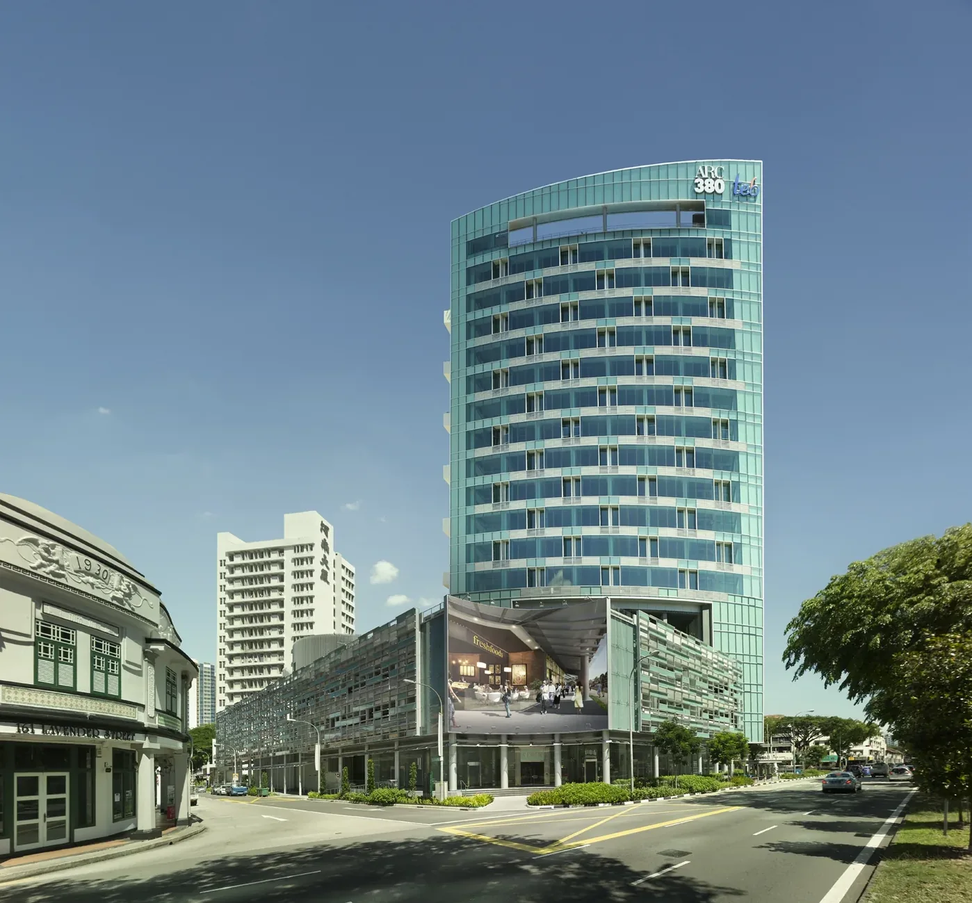 ARC 380 curved glass tower viewed from Lavender Street